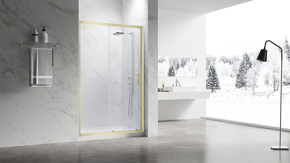 Плитка Veconi Vianno Душевая дверь раздвижная VN-55G 1290-1330x1950 мм прозрачное стекло 6 мм профиль золото брашированное  поверхность брашированная