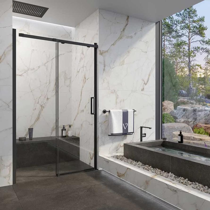 Плитка Veconi Vianno Душевая дверь раздвижная VN-70B 1470-1500x1950 мм прозрачное стекло 6 мм профиль черный матовый  поверхность матовая