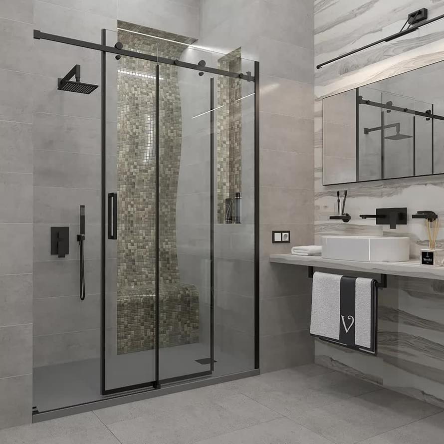 Плитка Veconi Vianno Душевая дверь раздвижная VN-74B 1280-1310x1950 мм прозрачное стекло 8 мм профиль черный матовый  поверхность матовая