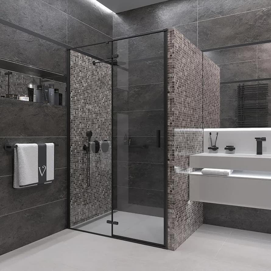 Плитка Veconi Vianno Душевая дверь распашная VN-73B 1195-1210x1950 мм прозрачное стекло 6 мм профиль черный матовый  поверхность матовая