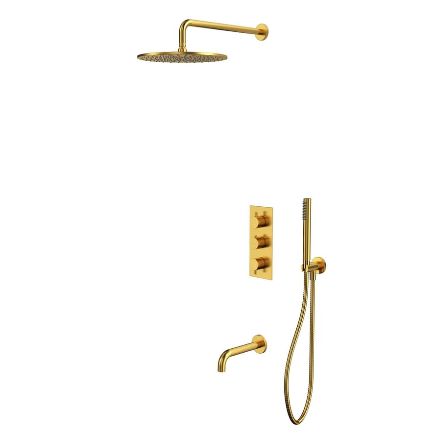 Плитка Whitecross Y Душевая система Y для ванны скрытого монтажа с термостатом и верхним душем 300 мм золото брашированное  поверхность брашированная