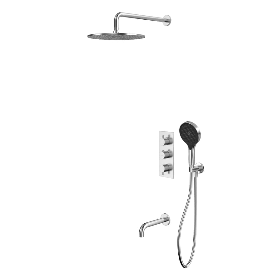 Плитка Whitecross Y Душевая система Y для ванны скрытого монтажа с термостатом и верхним душем 300 мм и круглой лейкой никель  поверхность брашированная