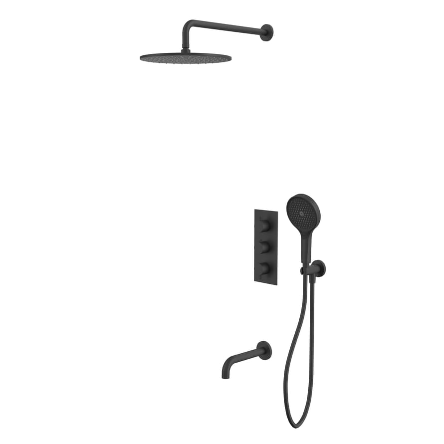 Плитка Whitecross Y Душевая система Y для ванны скрытого монтажа с термостатом и верхним душем 300 мм и круглой лейкой черный матовый  поверхность матовая