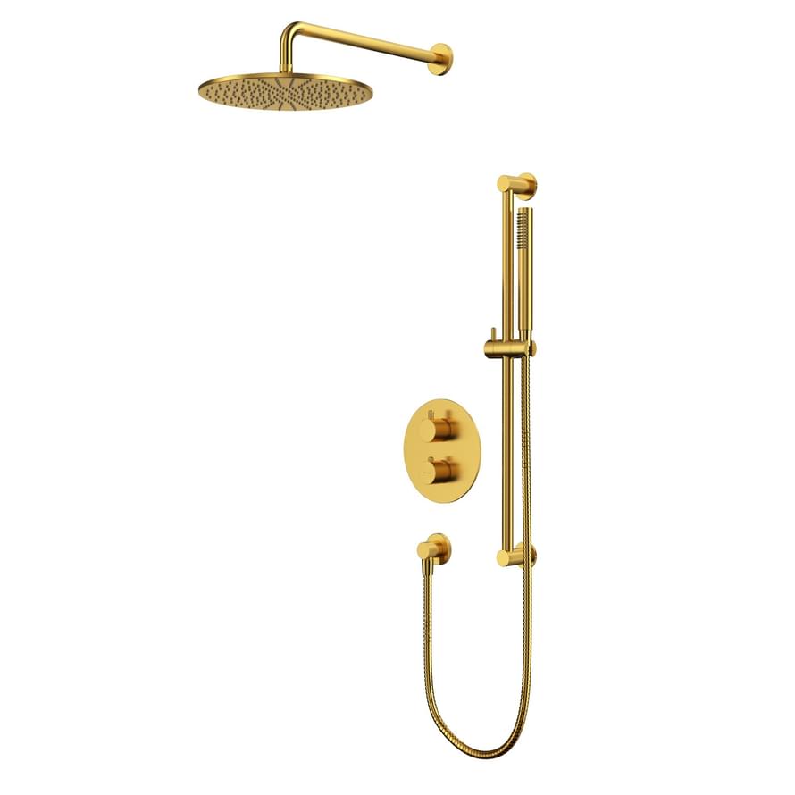 Плитка Whitecross Y Душевая система Y для душа скрытого монтажа с термостатом верхним душем 300 мм и стойкой золото брашированное  поверхность брашированная