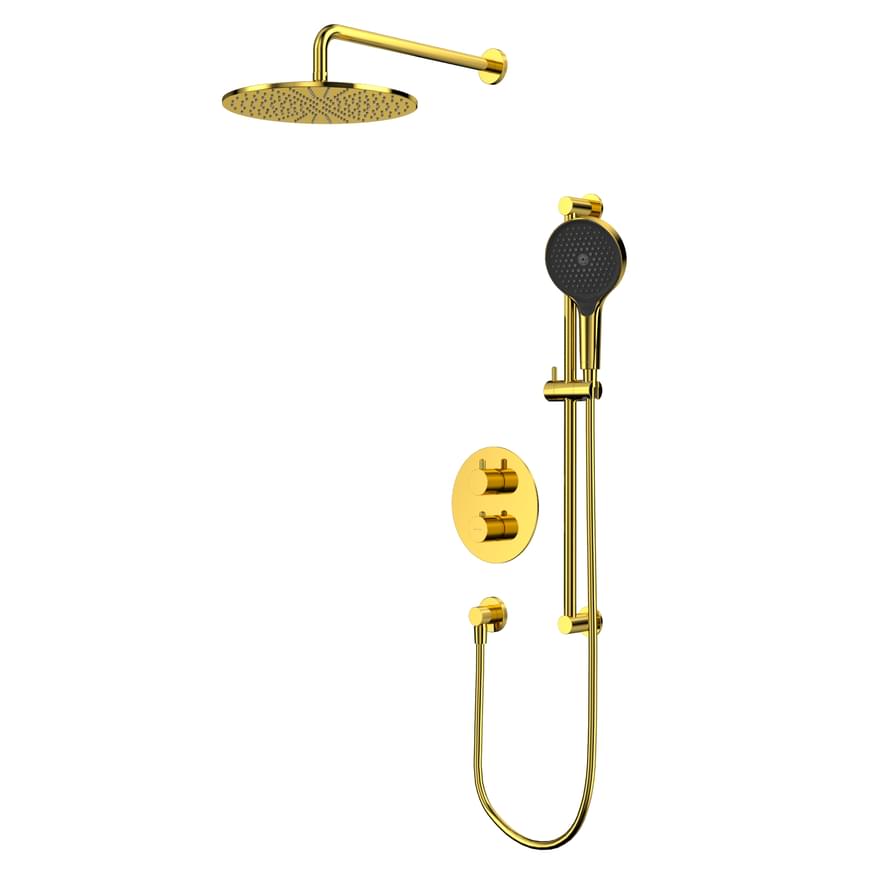 Плитка Whitecross Y Душевая система Y для душа скрытого монтажа с термостатом верхним душем 300 мм стойкой и круглой лейкой золото  поверхность глянец
