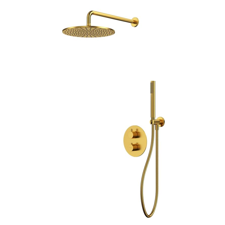 Плитка Whitecross Y Душевая система Y для душа скрытого монтажа с термостатом и верхним душем 300 мм золото брашированное  поверхность брашированная