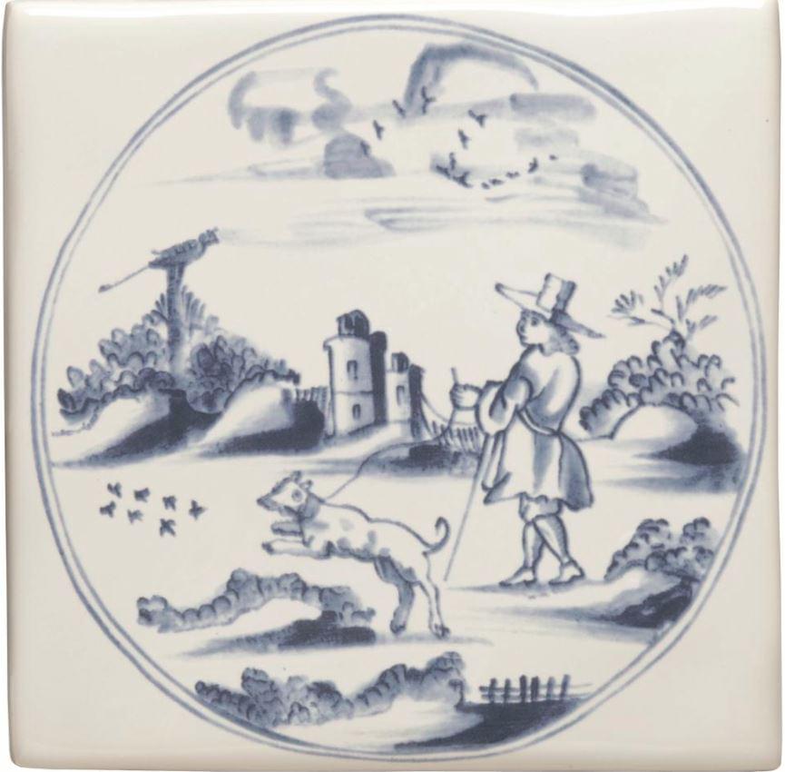 Winchester Classic Delft Figures In A Landscape Man With Dog 12.7x12.7