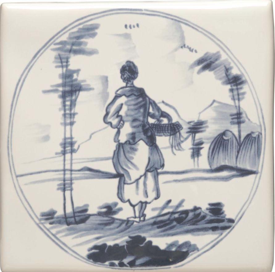 Winchester Classic Delft Figures In A Landscape Woman With Basket 12.7x12.7